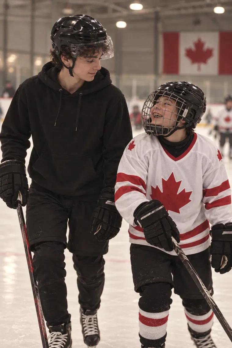 Mateo helping a young teammate skate at an inclusive hockey program